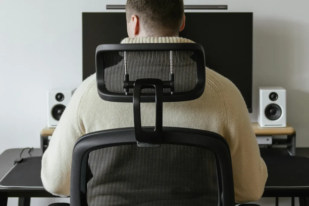 Man seen from behind, seated in an office chair facing a monitor